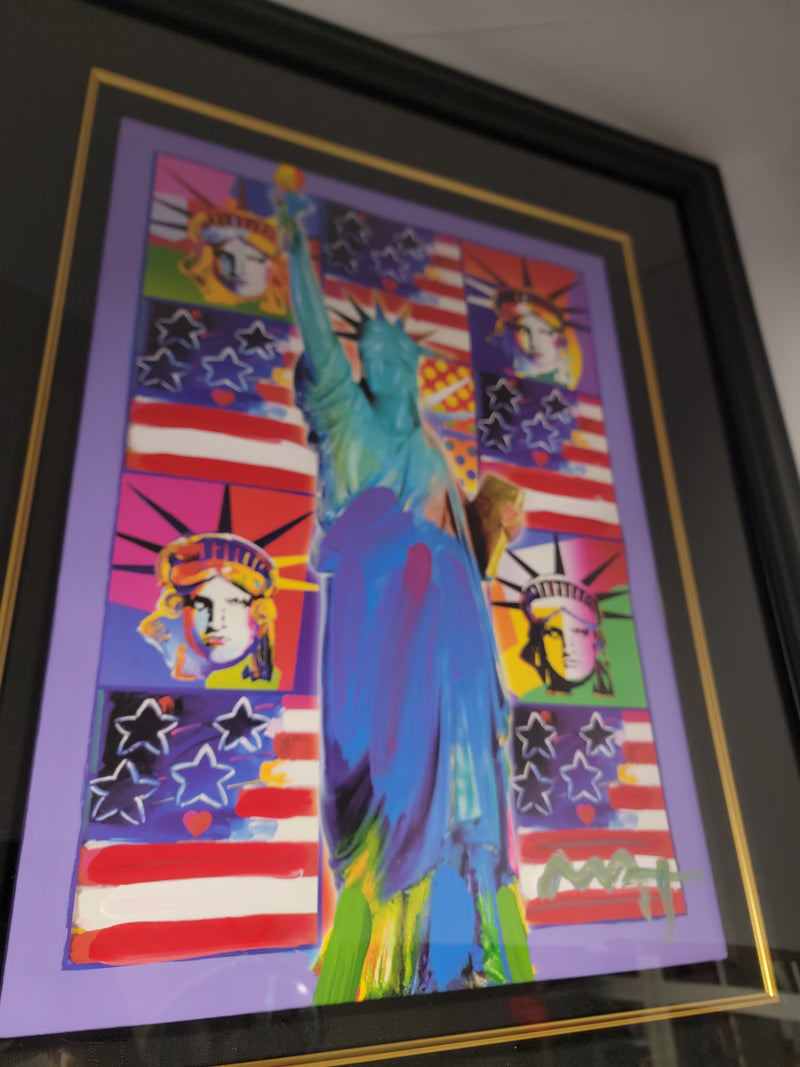 God Bless America III with flags by Peter Max Original Signed Mixed Media