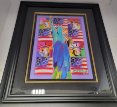 God Bless America III with flags by Peter Max Original Signed Mixed Media