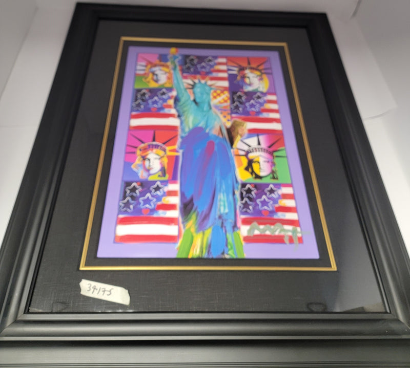 God Bless America III with flags by Peter Max Original Signed Mixed Media